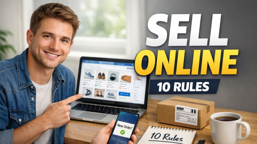 Realistic thumbnail showing a laptop with an online store page, a phone with a new order notification, and a shipping box representing the 10 rules to sell anything online.