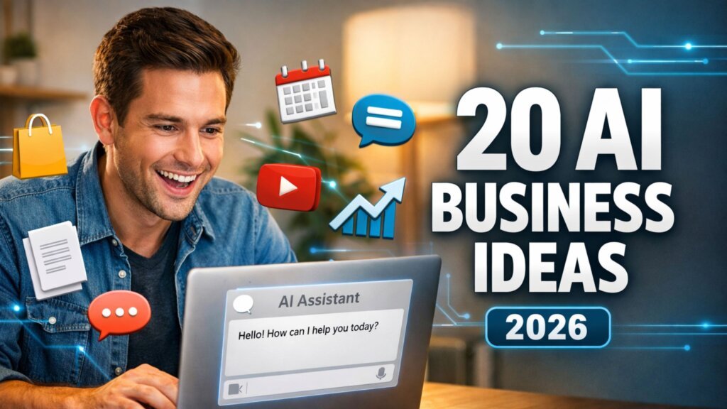Beginner using AI on a laptop with icons for 20 small business ideas in 2026, thumbnail text “20 AI BUSINESS IDEAS” and “2026”.
