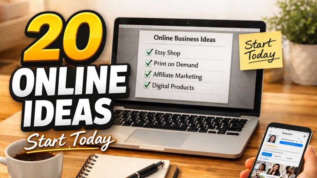 20 small online business ideas you can start today thumbnail with laptop checklist and start today text