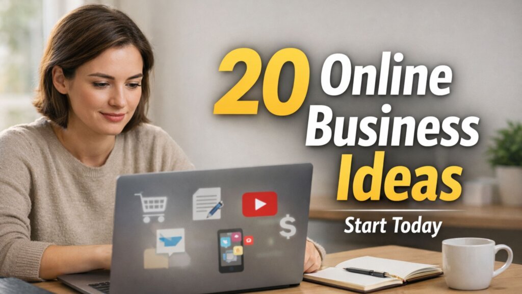 Realistic YouTube thumbnail showing a beginner working on a laptop at a home desk, representing 20 small online business ideas you can start today