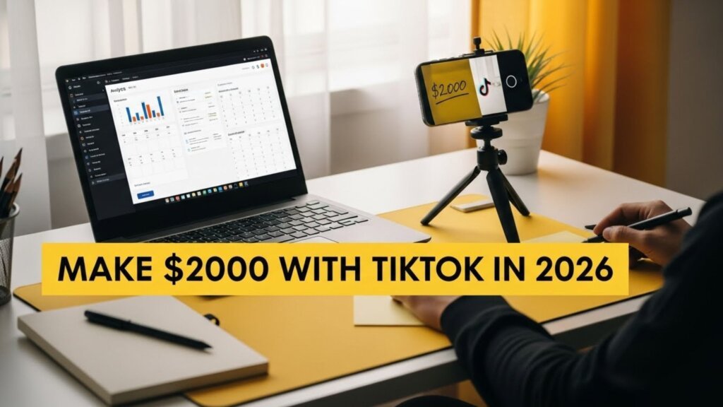 Make $2000 with TikTok in 2026 guide creator workspace with phone on tripod, laptop analytics, and yellow-black branding (free PDF ebook)