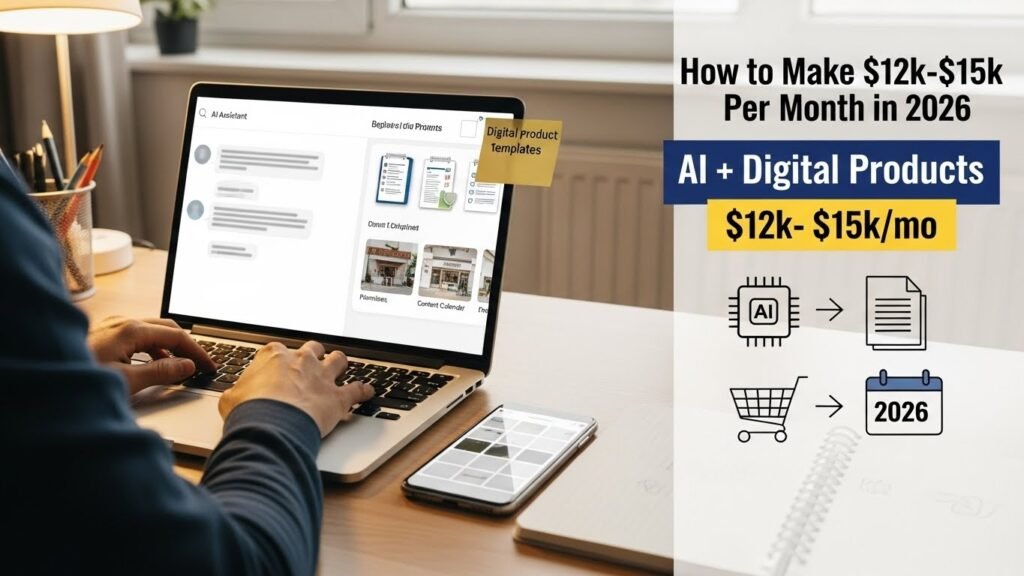 Beginner using AI on a laptop to create digital product templates for earning $12k–$15k per month in 2026.