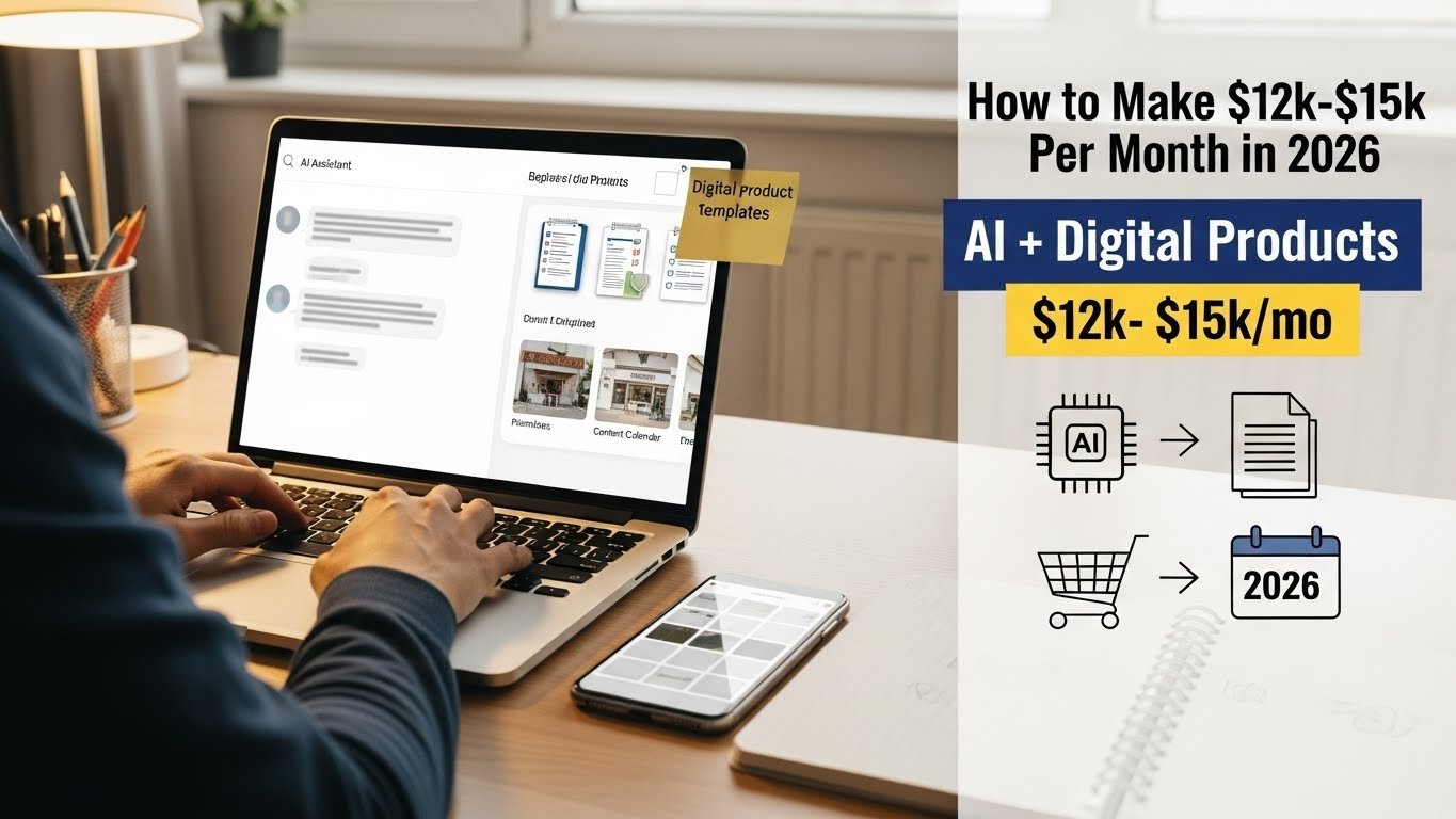 Beginner using AI on a laptop to create digital product templates for earning $12k–$15k per month in 2026.