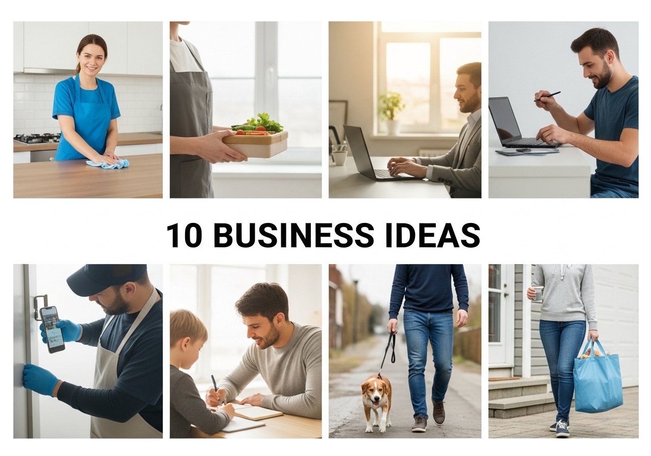 10 small offline business ideas in 2026 thumbnail showing local services like cleaning, tutoring, pet care, phone repair, food delivery, and event decoration