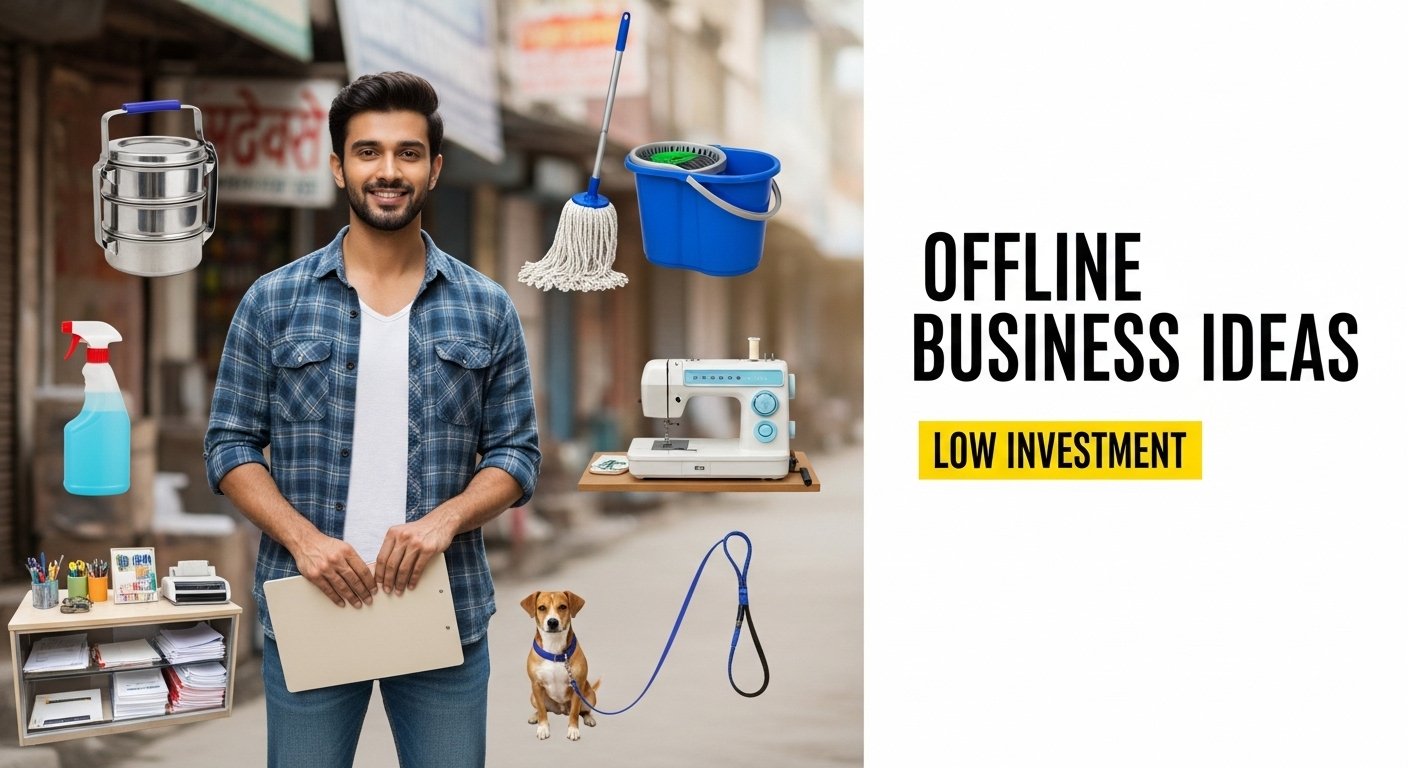Beginner entrepreneur in a local market showing tools for offline business ideas with low investment like tiffin service, cleaning, tailoring, stationery, and pet care.