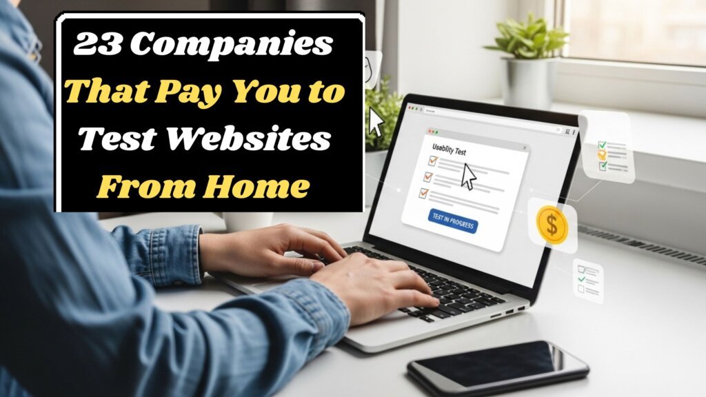 Laptop at a home desk displaying a list of 23 website testing platforms with sticky notes about recording, microphone setup, and PayPal payments.