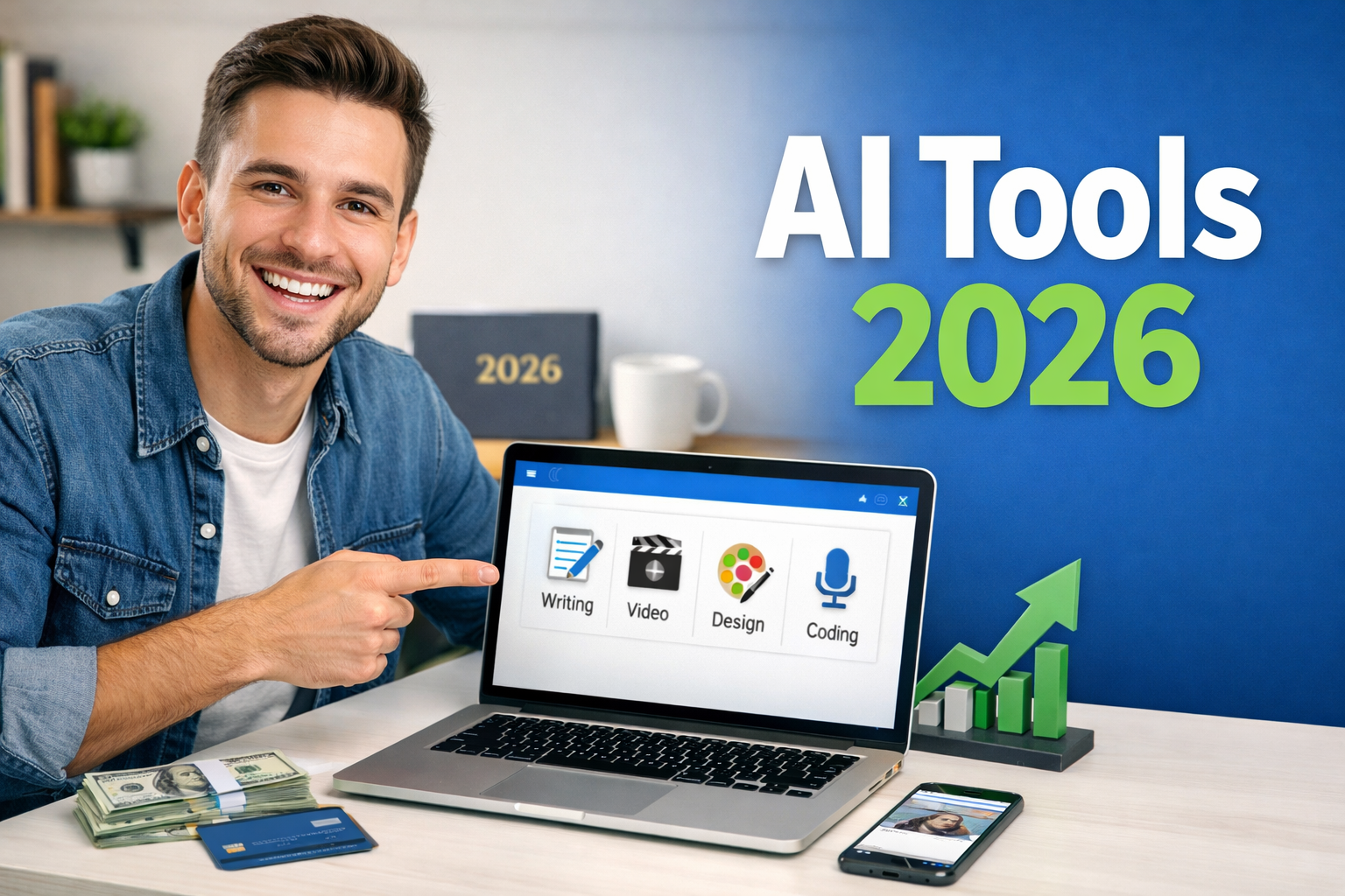 Realistic YouTube thumbnail showing a person using AI tools on a laptop to make money online in 2026 with the text "AI Tools 2026"