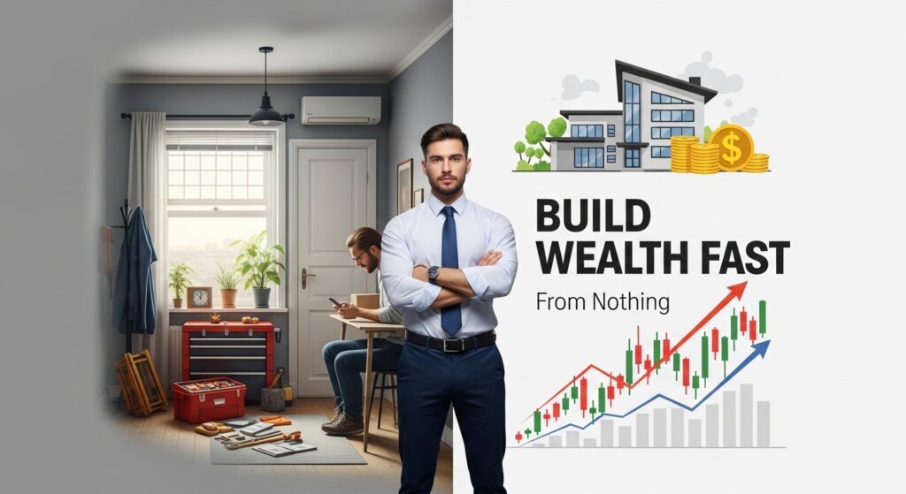 Young entrepreneur standing between a modest lifestyle and wealth symbols like a rising stock chart and a modern house, representing how to get rich younger without rich parents.