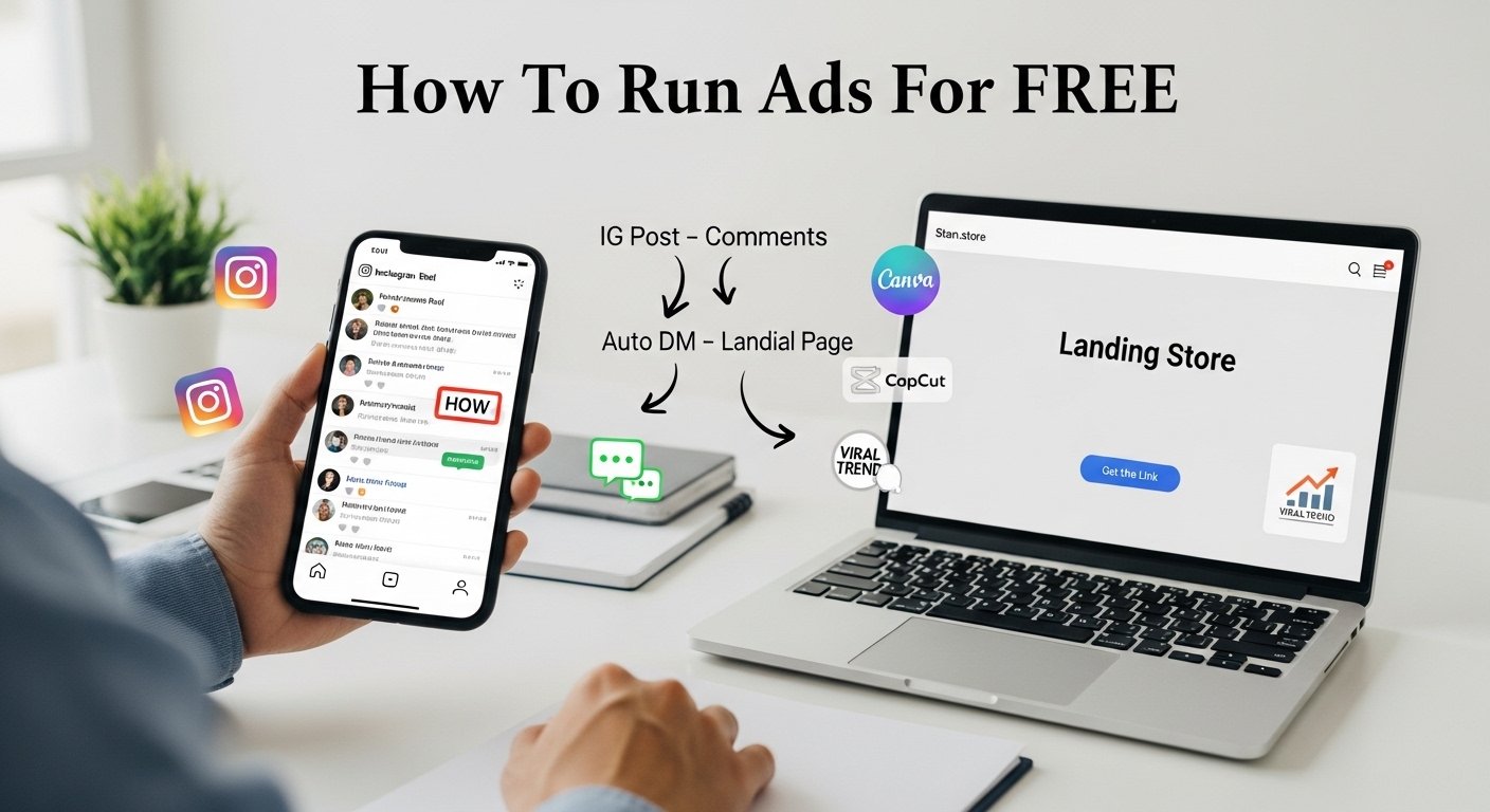 Photorealistic thumbnail of a beginner marketer holding a phone showing an Instagram Reel with many comments while a laptop displays a Stan.store landing page, with icons for Instagram, Canva, CapCut, and Manychat and the text “How To Run Ads For FREE”.